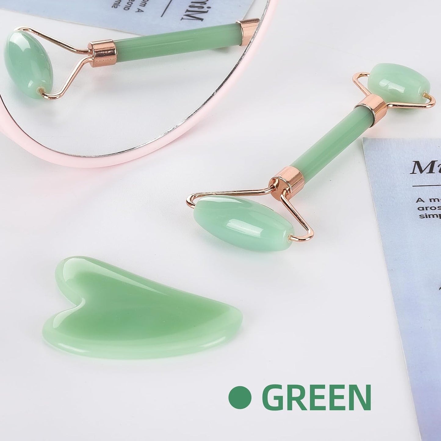 Gua Sha and Jade Roller Facial Tool Set - 2 Pieces for Skin Care Routine, Puffiness Reduction, and Facial Sculpting