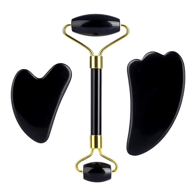 Natural Stone Guasha Massage Gouache Scraper for Face Jade Roller Massager Set Black Obsidian Gua Sha Board Facial Skincare Tool