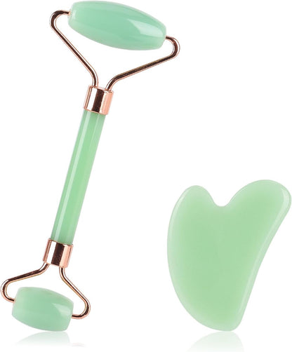 Gua Sha and Jade Roller Facial Tool Set - 2 Pieces for Skin Care Routine, Puffiness Reduction, and Facial Sculpting